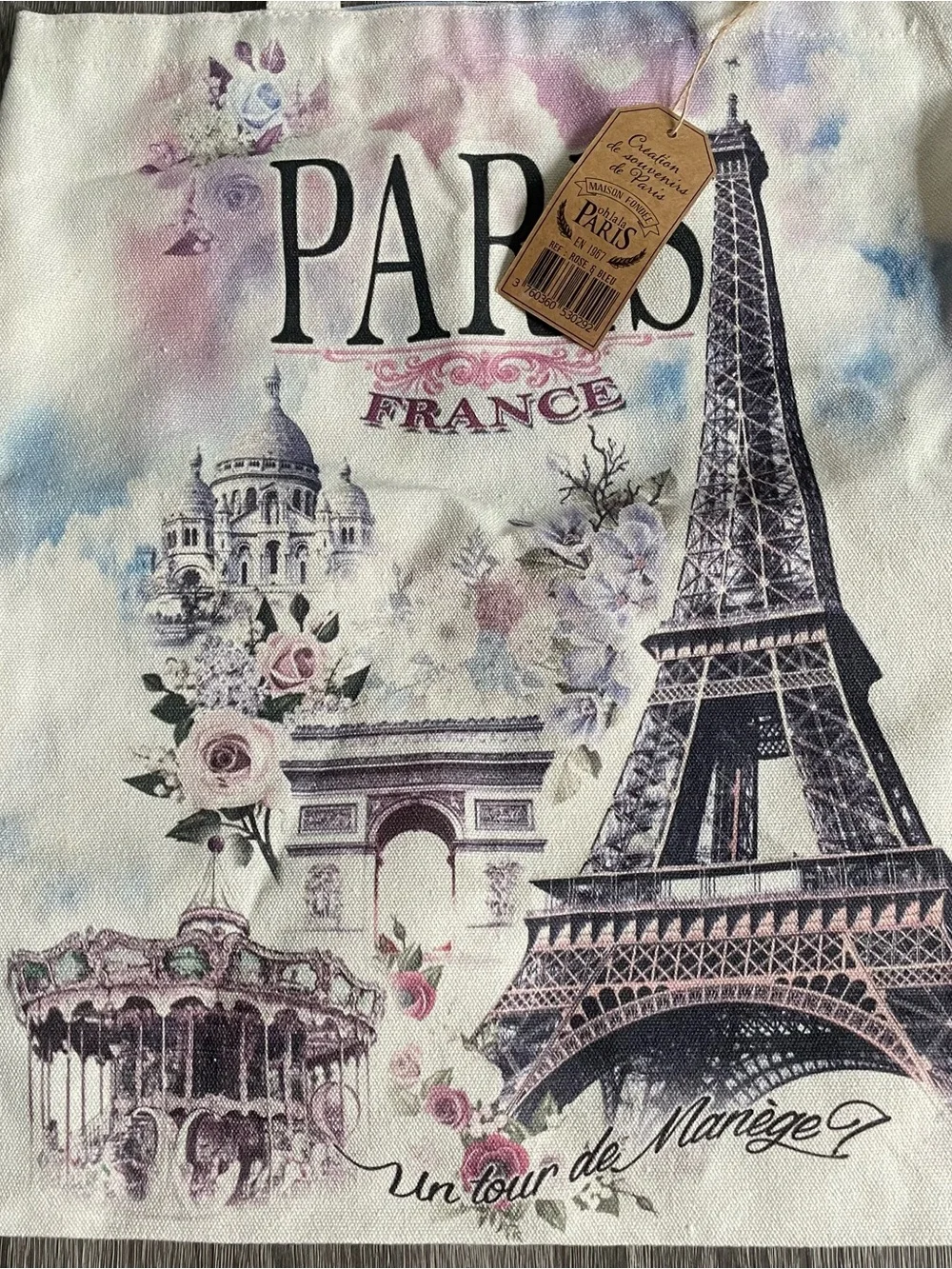 Paris Floral Canvas Tote Bag in Cream